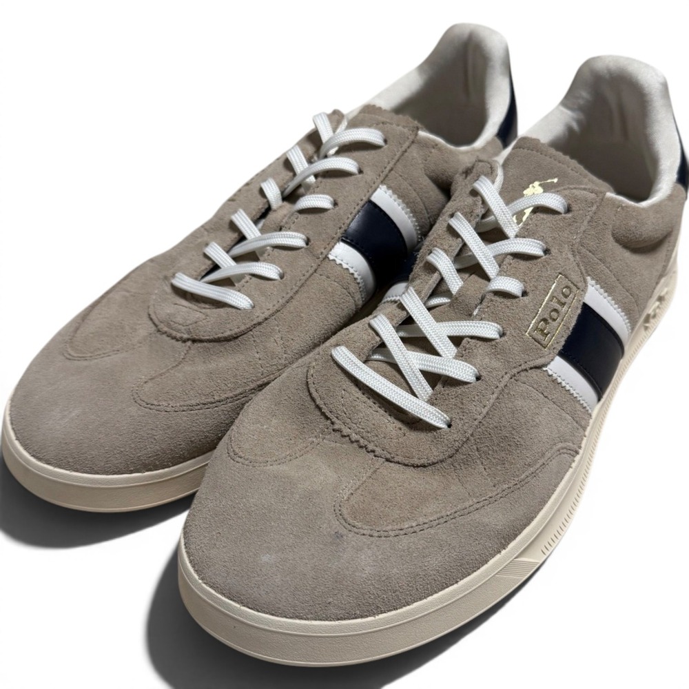 Polo Ralph Lauren Heritage Aera Tan Suede Navy Stripe Mens Sneakers Size 14